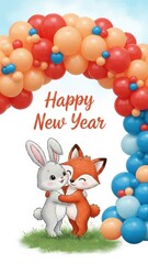 Fototapeta premium Cute New Year Card with Bunny and Fox Under Balloon Arch.