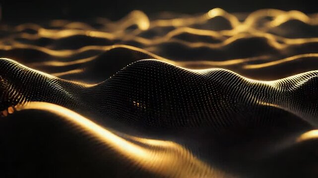 Golden digital particle waves forming abstract technology background