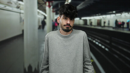 Young hispanic man standing indoors at a train station with a thoughtful expression, wearing a gray...