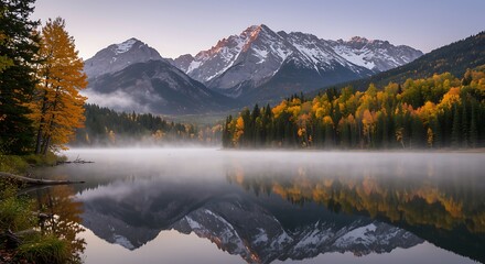 Autumn mountain lake with misty reflections and fall foliage