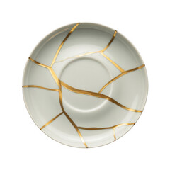 Kintsugi plate with gold repair lines on white ceramic isolated on a transparent background