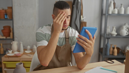 Man potter in studio wearing apron holds blue tablet and presses hand to forehead while seated at workbench among clay vessels; creative frustration.