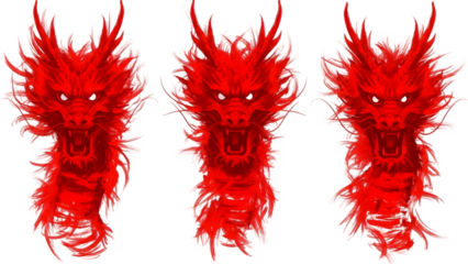 Three red dragon heads fierce eyes isolated on transparent background