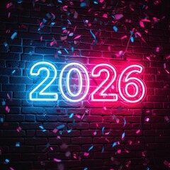 Neon 2026 New Year Celebration with Bright Lights and Confetti on Brick Wall.