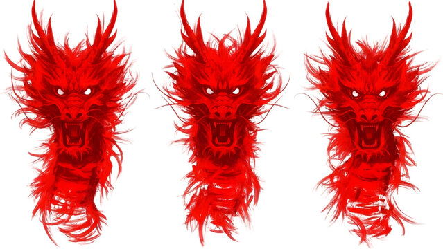 Three red dragon heads fierce eyes isolated on transparent background