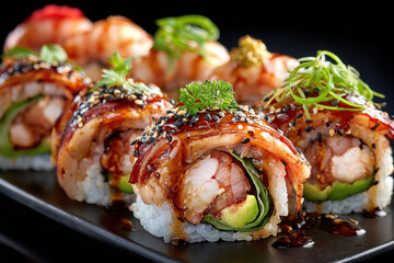 Close Up of Delicious Sushi Rolls on Black Plate