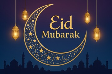 Eid Mubarak Greeting Card with Golden Crescent Moon, Hanging Lanterns and Mosque Silhouette on Night Sky Background