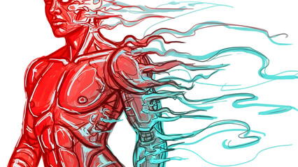 Abstract human torso with digital distortion isolated on transparent background