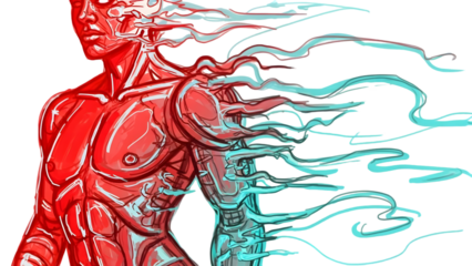Abstract human torso with digital distortion isolated on transparent background