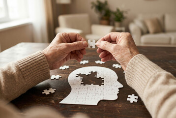 Hands assembling puzzle pieces into a mental health concept on a wooden table