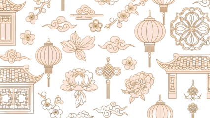 Vintage chinese new year lanterns and decorative elements isolated on transparent background