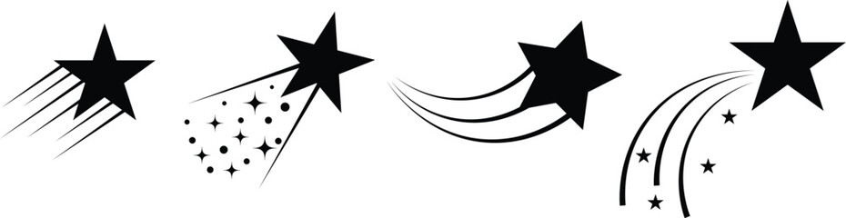 shooting star icons with motion trails and speed lines vector collection set isolated on white background.