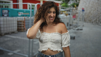 Fototapeta premium Woman with hand behind head showing exposed shoulder and midriff at building site wearing white cropped top and denim jeans; confidence resilience.