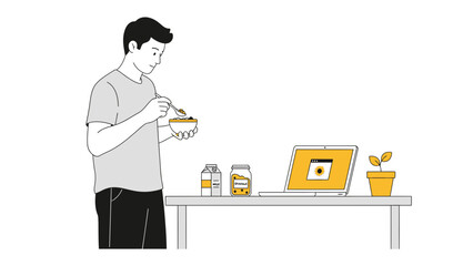 Fototapeta premium Man eating breakfast while working on laptop, concept of remote work or online activity