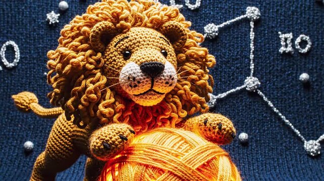 Golden Amigurumi Leo Lion Zodiac Sign in Playful Dynamic Pose 3D Render