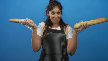Woman holding and comparing two baguettes with gloved hands while wearing a striped apron in blue...