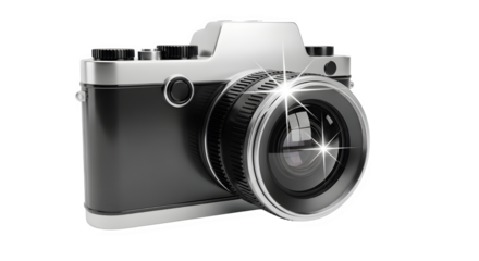 Vintage film camera with shiny lens reflection isolated on transparent background