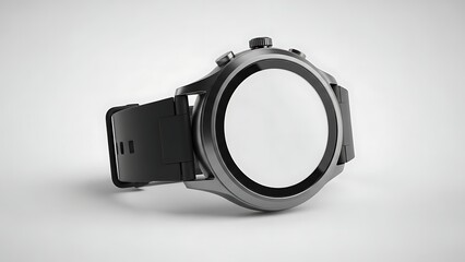 A sleek, modern dark grey smartwatch with a blank white screen on a light background.