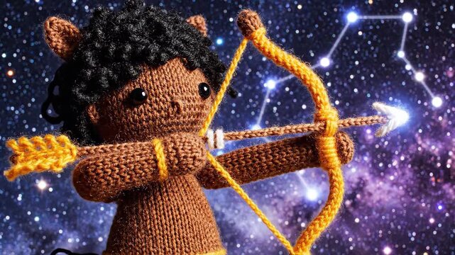 Knitted Sagittarius Zodiac Sign with Bow and Arrow on Starry Background