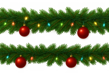 Christmas garland vector seamless border with festive red ornaments and colorful lights on transparent background