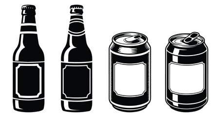 Beer bottles, Aluminum beverage can, traditional beer bottles, Beer bottles silhouette, Beer Cans, elements for logo, label, emblem, sign, badge. Vector illustration © magic390