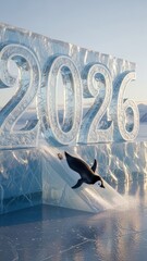 Indoor ice sculpture backdrop featuring a swimmer in a pool beneath a towering 2026 display.