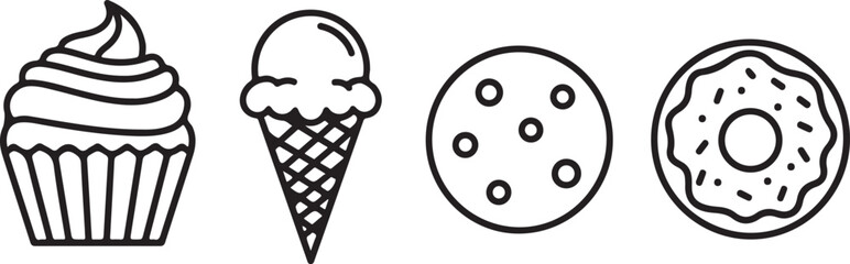 Line Art Icons of Sweet Treats Cupcake Ice Cream Cone Cookie Donut vector illustration