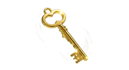 Golden antique skeleton key isolated on transparent background
