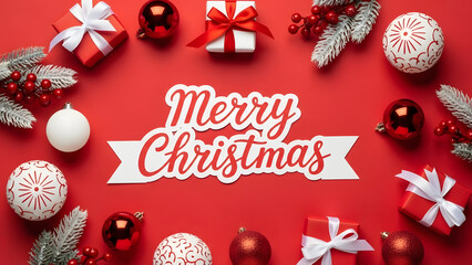 Christmas Holiday Greeting Card with Ornaments and Gifts on Red Background