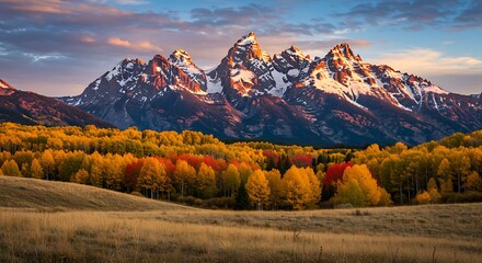 Fototapeta premium Grand teton mountains autumn foliage bathed in warm golden light