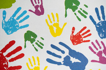Colorful Handprints Seamless Pattern Background, Symbol of Diversity, Vibrant Multi-Color Painted Hands Print for Kids' Art and Craft