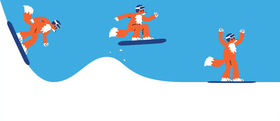 Vector cartoon illustration. Fox with helmet rides snowboard down snow mountain. Phases of jump of snowboarder, performing trick over hill. Tourism. Athlete won at winter extreme sports competition