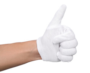 Man in cloth glove showing thumbs up on white background, closeup