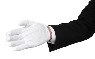 Fototapeta premium Man in cloth glove greeting someone on white background, closeup