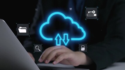 A human hand types on a laptop, symbolizing the digital world of cloud computing. Illustrated icons highlight data transfer, security, and file management essentials. Qubit - Powered by Adobe