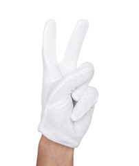 Man in cloth glove showing v-sign on white background, closeup
