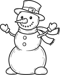 Festive  Cute snowman minimalist outline with top hat and scarf. winter coloring page illustration for kids vector