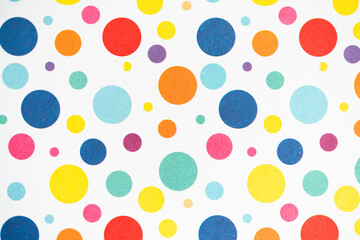 Bright Colorful Polka Dot Pattern, Seamless Background on White, Fun Retro Pop Art Style Background with Random Colored Spots © Claudio Bórquez