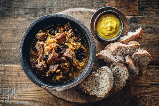 Bigos served in bowl on rustic wooden table, complemented by bread and olive oil. Concept of cozy culinary experience featuring cabbage meat stew Polish traditional.