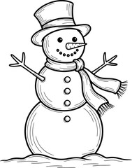 Festive  Cute snowman minimalist outline with top hat and scarf. winter coloring page illustration for kids vector