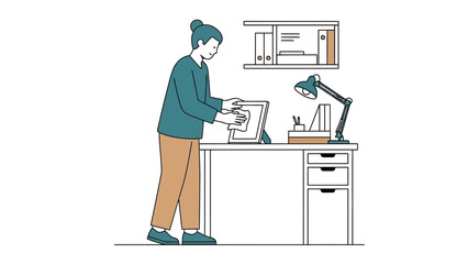 Fototapeta premium Minimalist illustration of a person cleaning a desk with a lamp, shelf and drawers