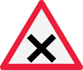 Road intersection warning sign a black cross symbol on a white triangle with a red border indicating a crossroads ahead for traffic safety © Ghaffar.Arts