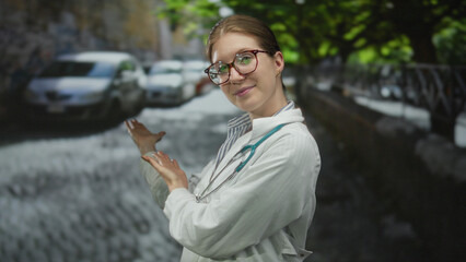 Blonde woman doctor with stethoscope gesturing with hands and smiling on cobblestone street;...