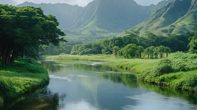 Video A serene and picturesque view of a river flowing through a lush green valley, perfect for outdoor or nature-themed projects