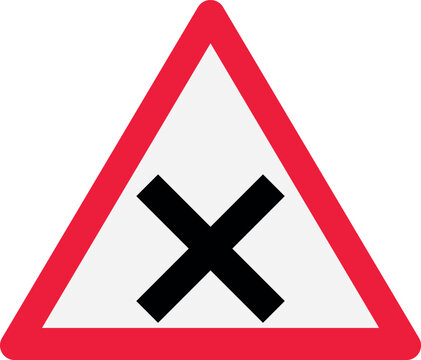 Road intersection warning sign a black cross symbol on a white triangle with a red border indicating a crossroads ahead for traffic safety