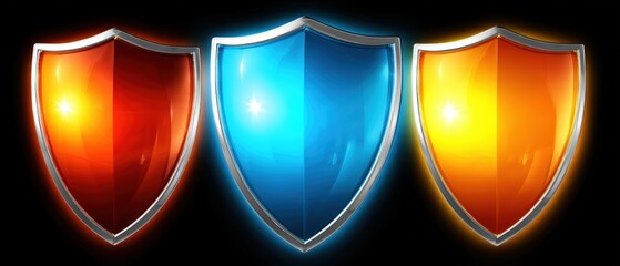 Three shiny shields in red, blue, and orange against a black background, This image can be used for themes of protection, security, or gaming assets,