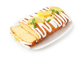 Delicious lemon cake with glaze, fresh fruit slices and mint isolated on white