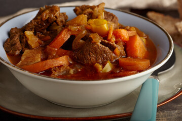 Spicy beef winter casserole shot close up.