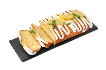 Delicious lemon cake with glaze, fresh fruit slices and mint isolated on white