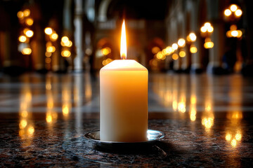 Single lit candle on polished floor in grand hall